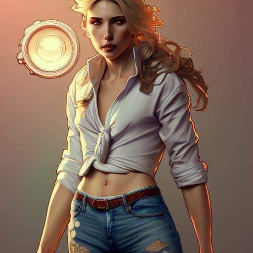 Blonde Tomboy with Ripped Jeans in Digital Art Style