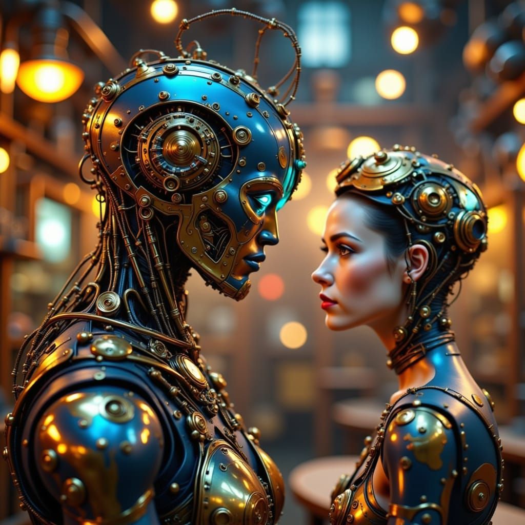 Steampunk Lady Builder & Robot in Workshop, Hyperrealistic S...