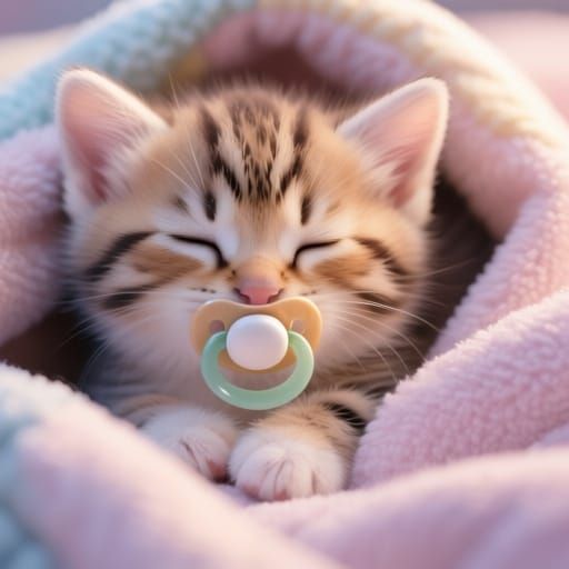 Tiny Sleeping Kitten with Pacifier in Pastel Colors