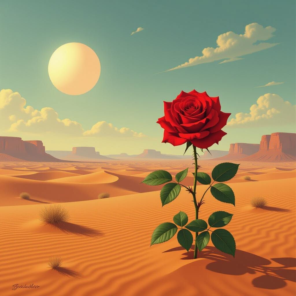 Hyperrealistic Red Rose Blooms in Desert Landscape