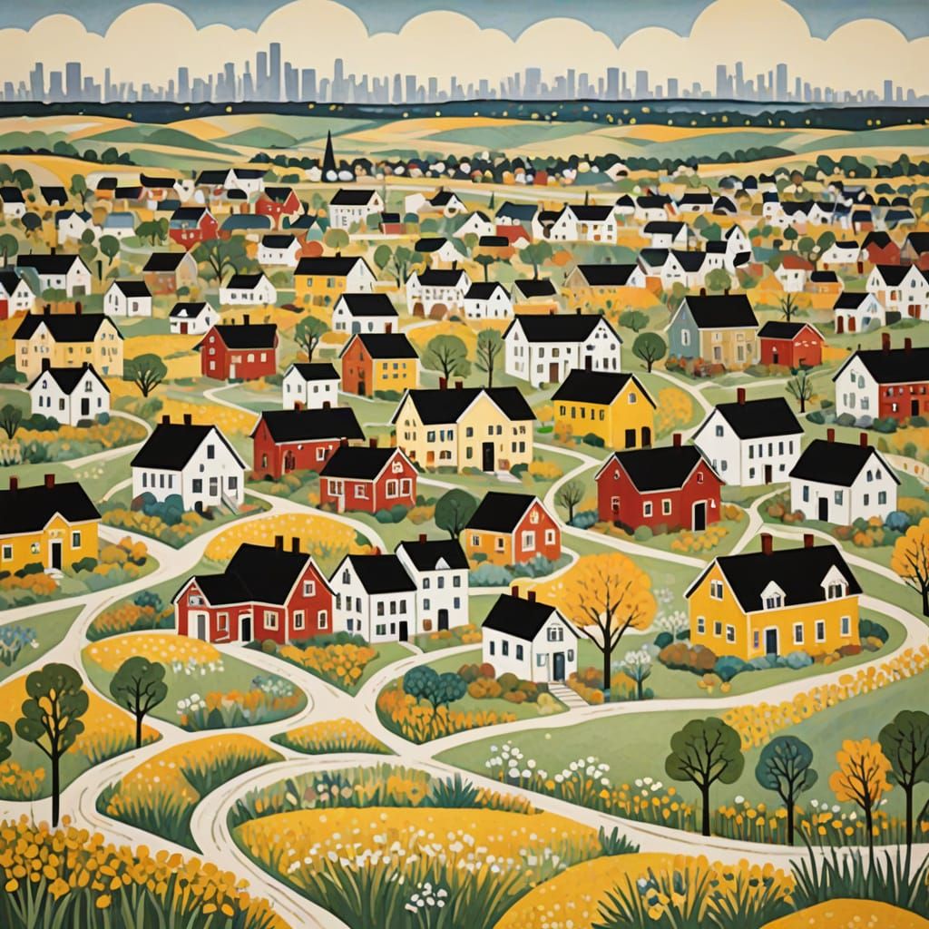 Naive Art Cityscape on the American Prairie