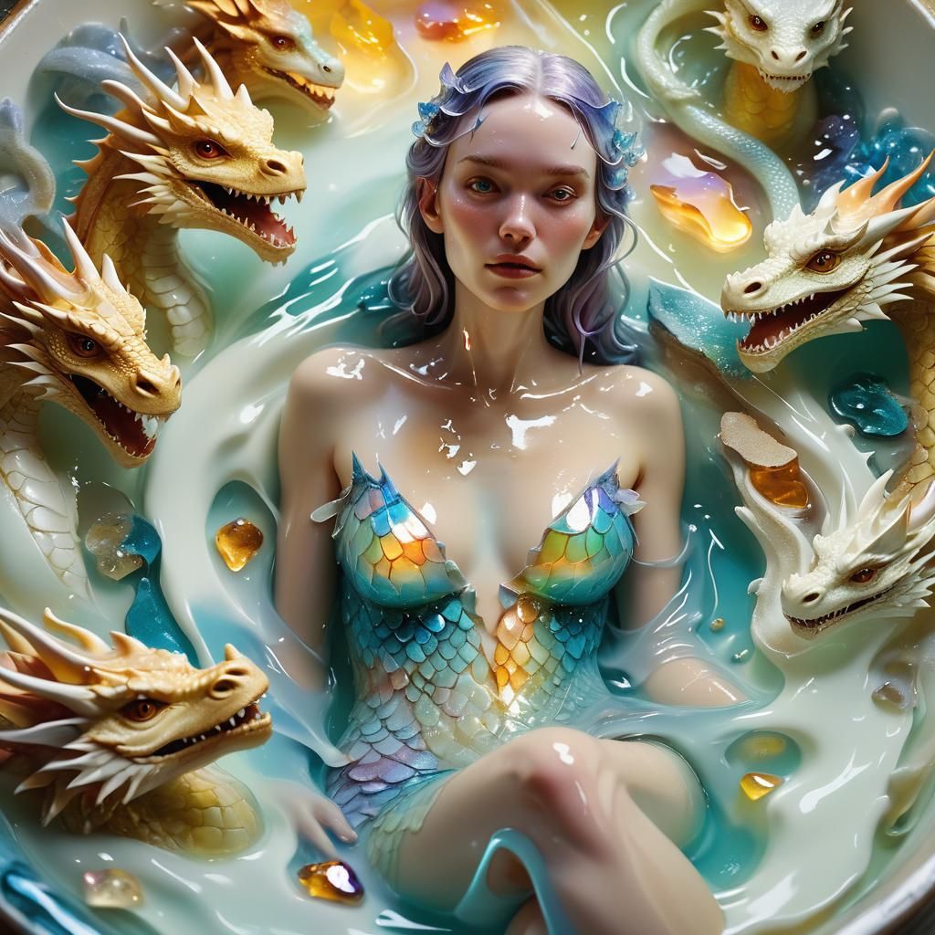 Glass Woman in Milk Bath with Dragons: Surreal Art