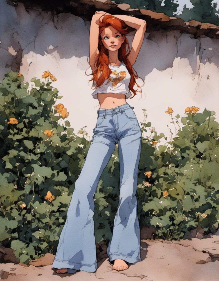 Fox-girl VIXEN, showing mid-drift and bellbottoms jeans.