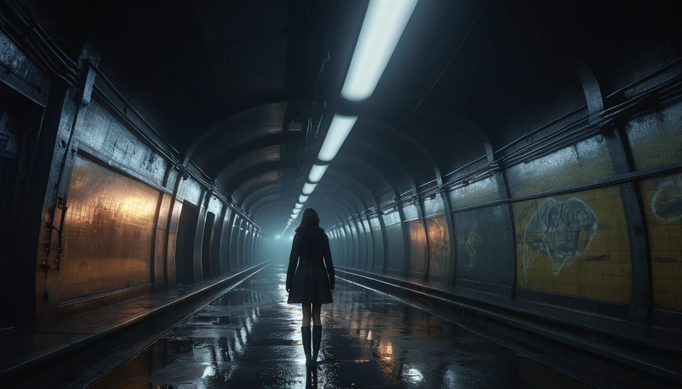Lonely Figure in Abandoned Subway Tunnels