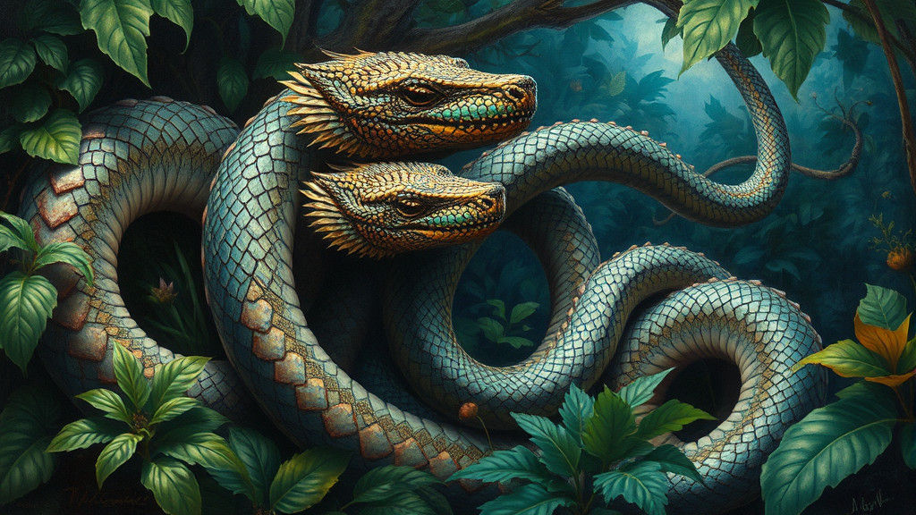 Mystical Serpents Guarding a Primeval Realm as Oil Painting