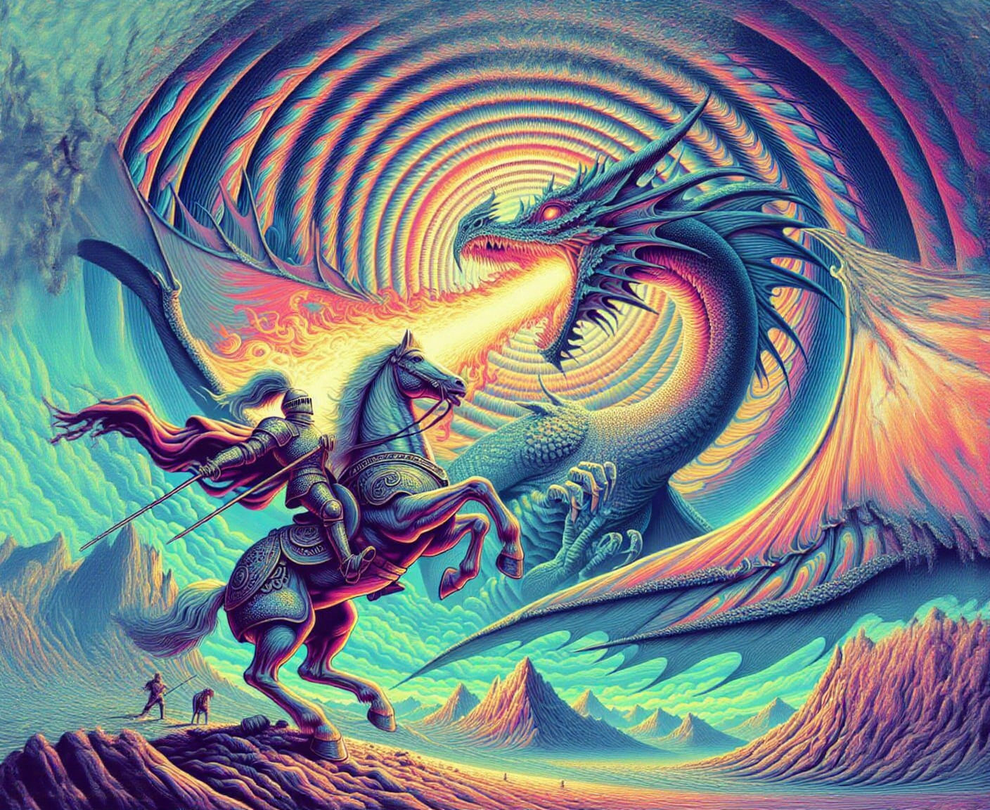 Knight and Dragon in Retro-Futuristic Landscape