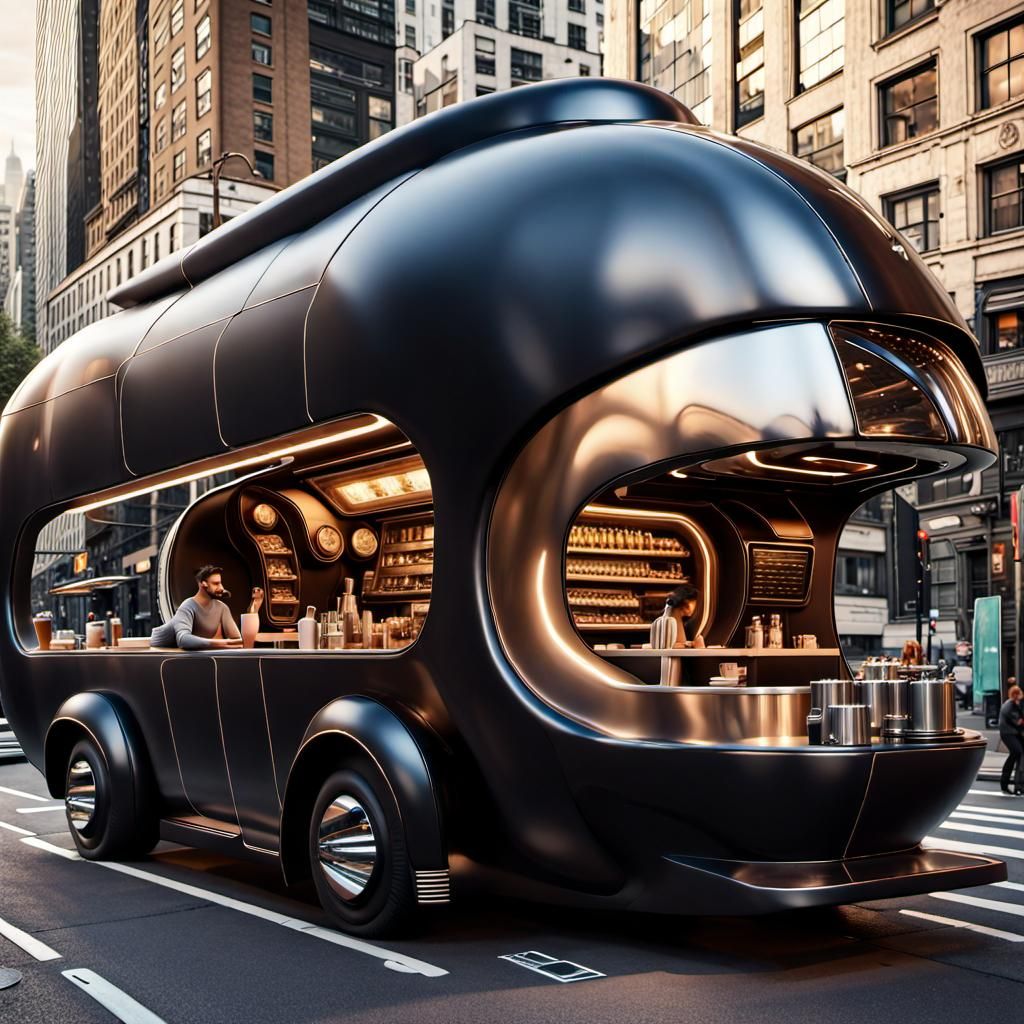 Futuristic Coffee Shop Truck in Cyberpunk City