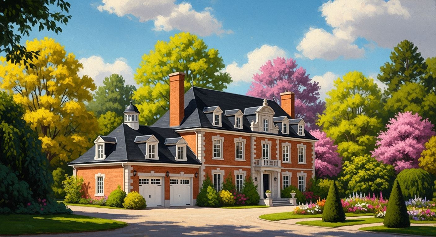 Grand Brick Chateau with Vibrant Garden