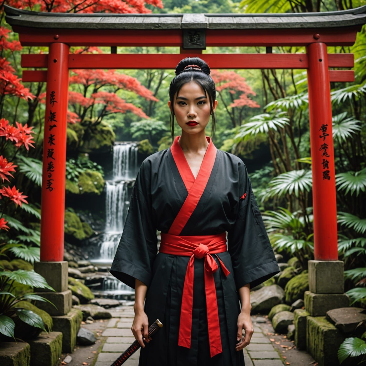 Surreal Asian Warrior in Japanese Forest, Cyberpunk Style