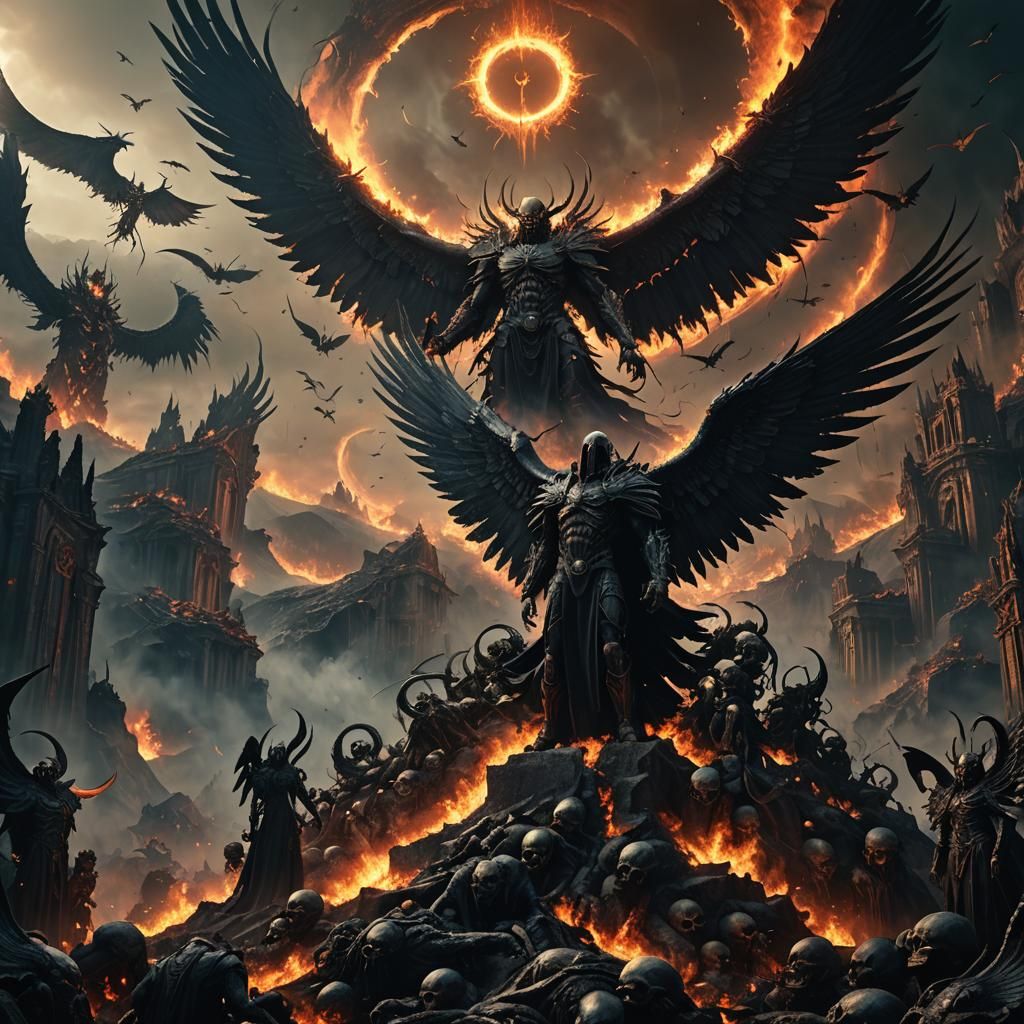 Demonic Angel on Skull Mountain in Digital Art Style