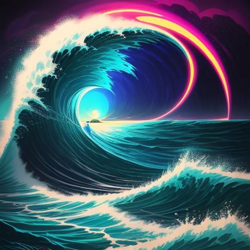 Egyptian Cartoon Ocean Poster in Synthwave Neon Style