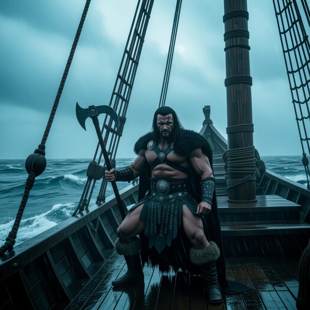 Conan the Barbarian on Viking Ship in Storm