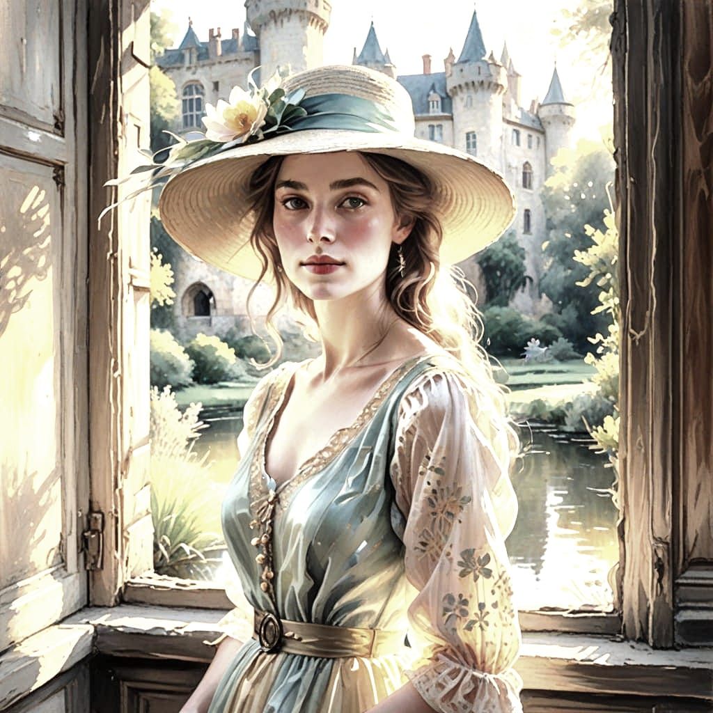 Edwardian Lady Contemplates Castle Scene in Impressionist St...