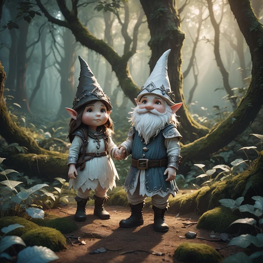 Gnomes Holding Hands in Mystical Forest