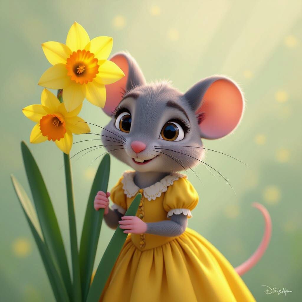 Mouse in Victorian Dress Hiding Behind Daffodil: 3D Render