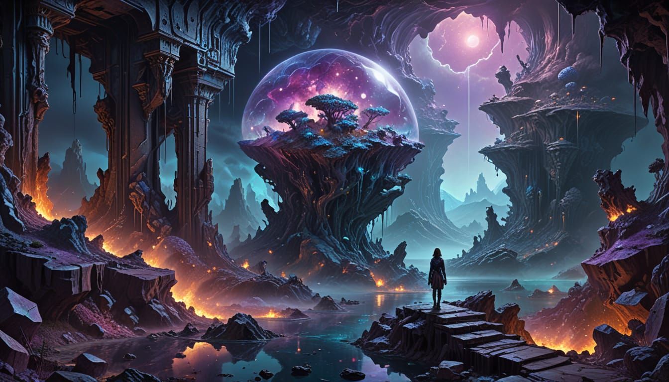 Cybernetic Woman in Dreamlike Geode Landscape