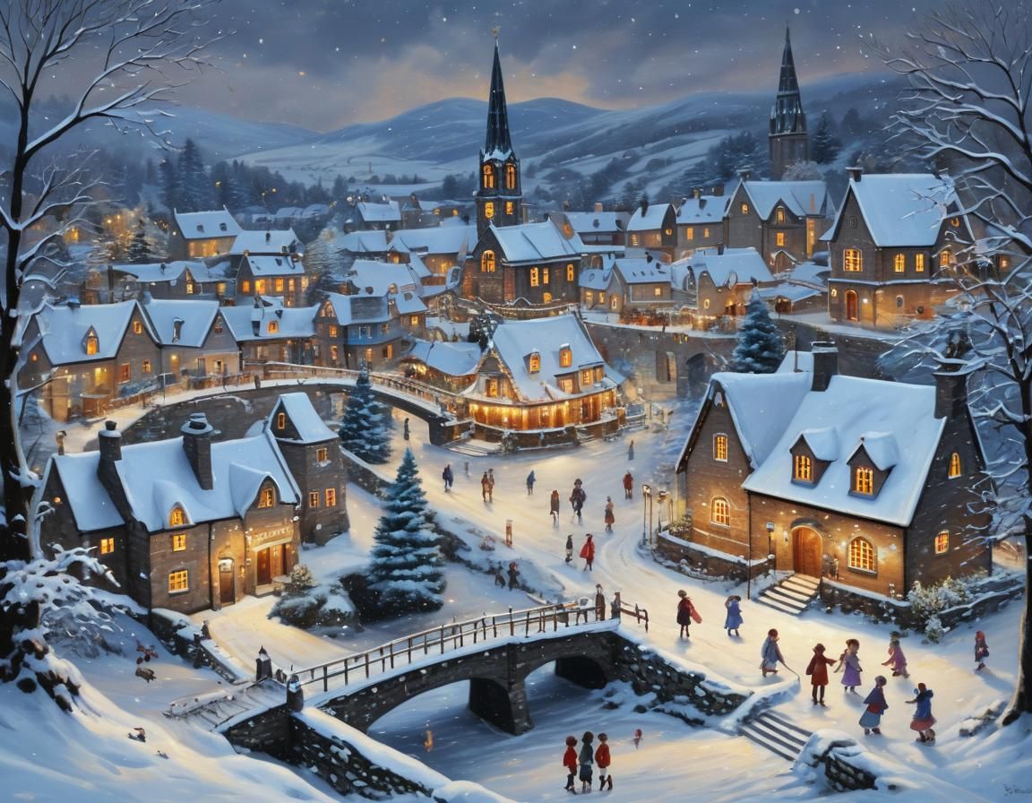 Whimsical Scottish Christmas Village Under Snowfall