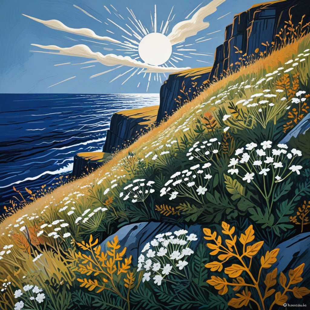 Whimsical Linocut Umbelliferous Plants on Cliffside