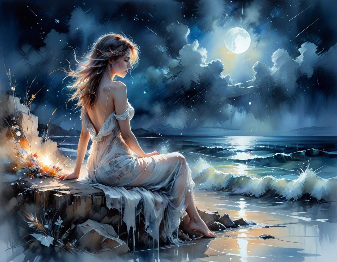 Cosmic Summer Night Seascape in Watercolour Style