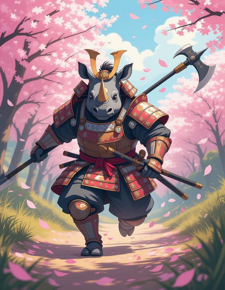 Rhino Samurai in Manga Style Amidst Cherry Blossoms