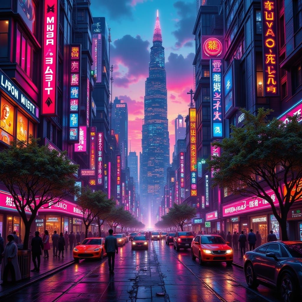 Ethereal Neon Goddess in Cyberpunk Cityscape