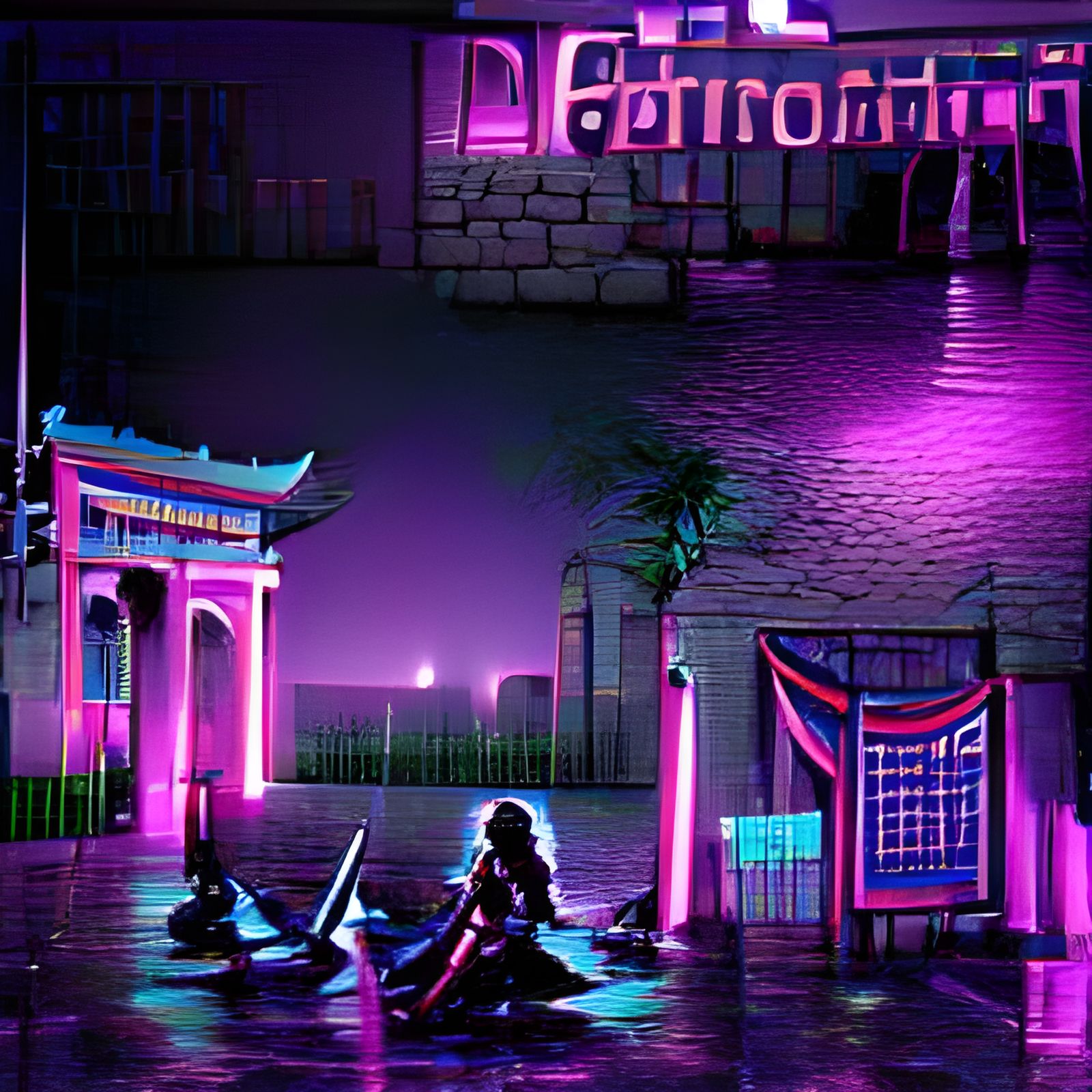Dark Courtyard with Chained Figures in Synthwave Style