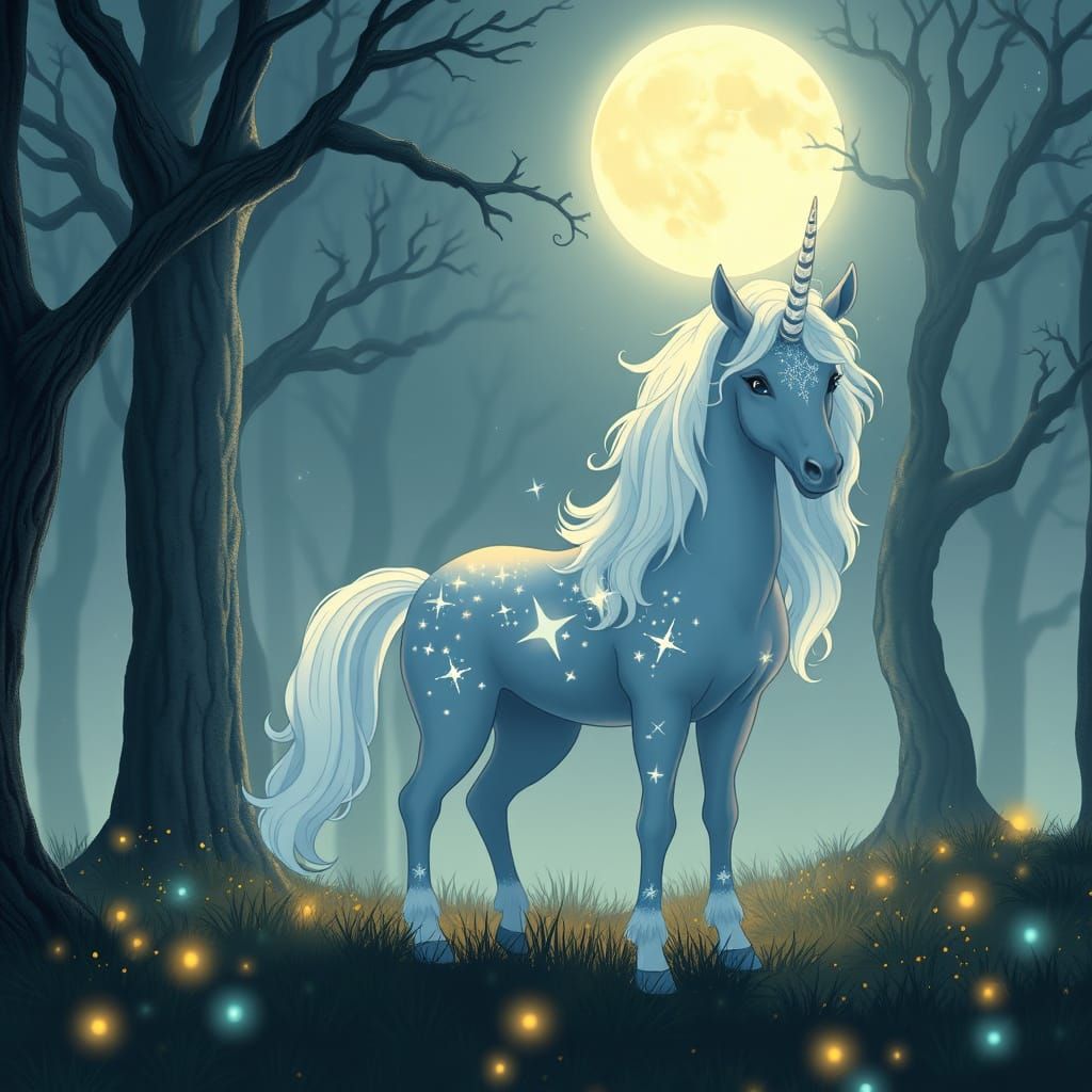 Starlight Kirin in Moonlit Forest, Ghibli-esque