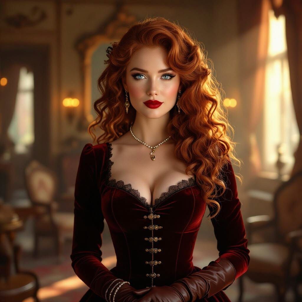 Steampunk Woman in Ornate Victorian Parlor