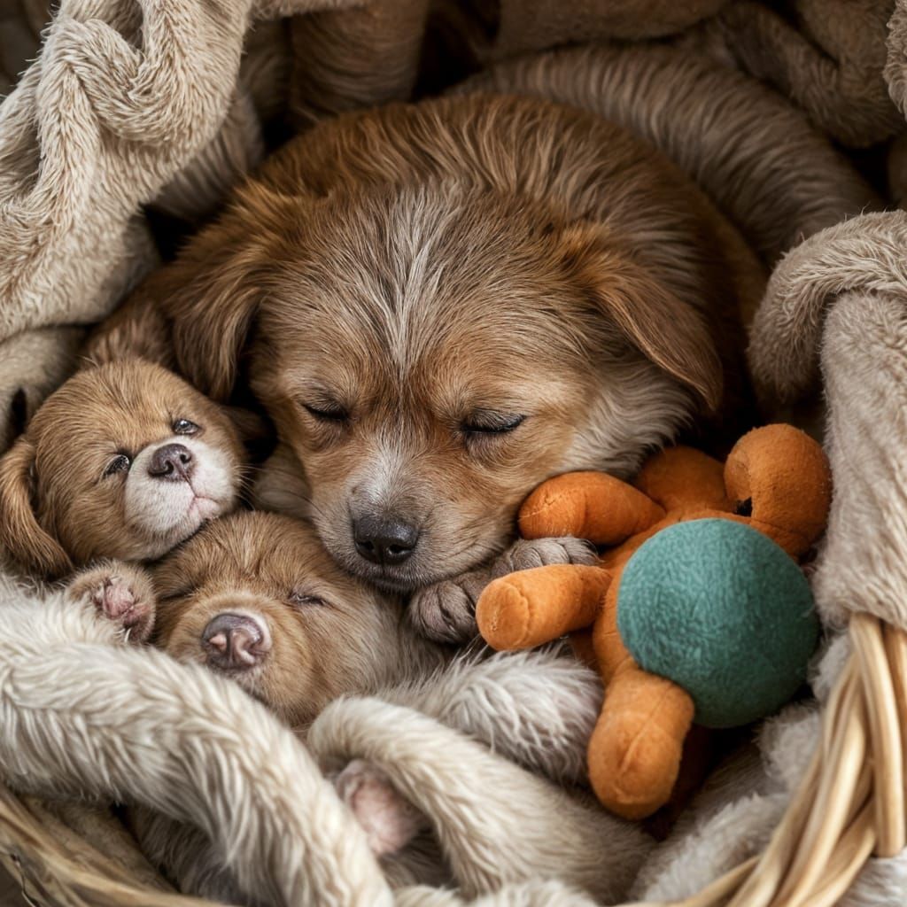Adorable Young Dog Asleep with His Beloved Toys