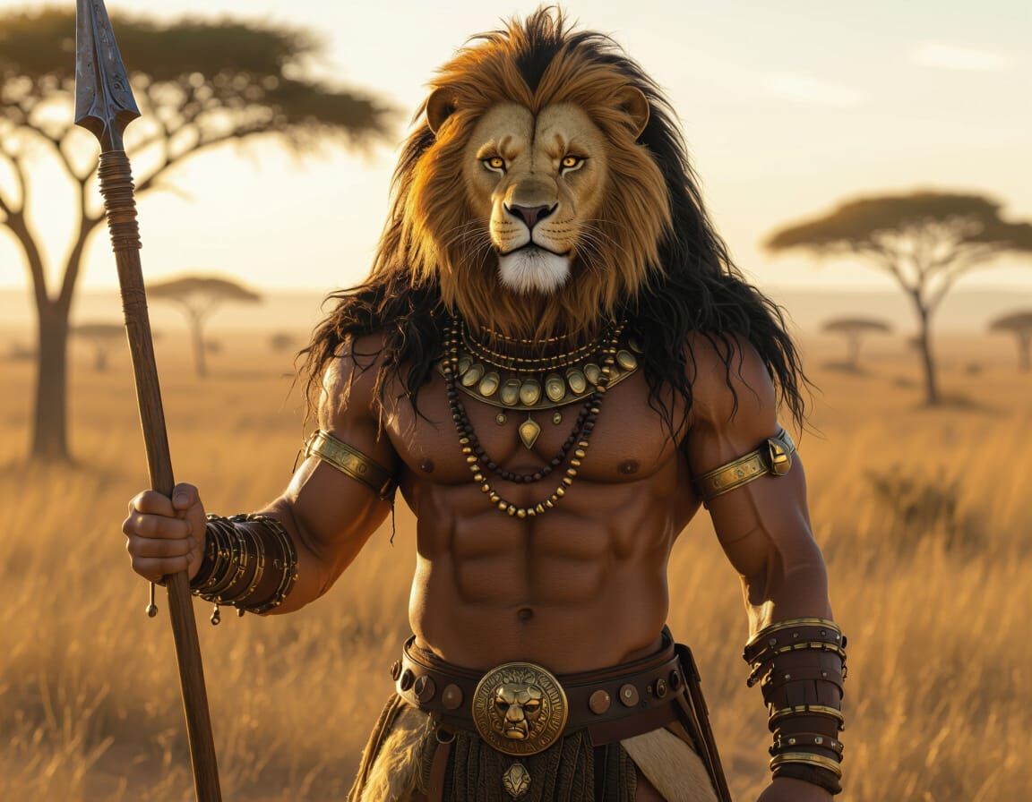 Lion Head Warrior in Golden Hour Savanna