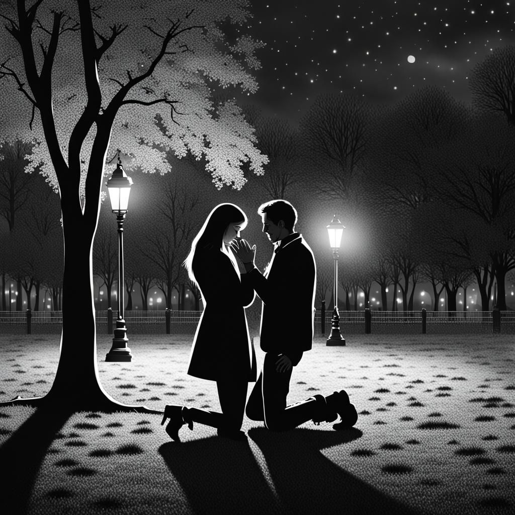 Romantic Black and White Proposal in Park at Night