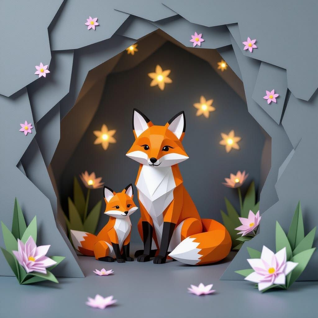 Glowing Origami Flowers Light Paper Cave for Fox Family