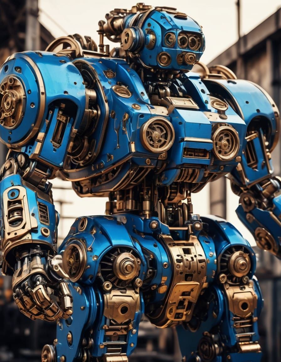 Cybernetic Blue Mech in Steam Punk Style with Battle Damage