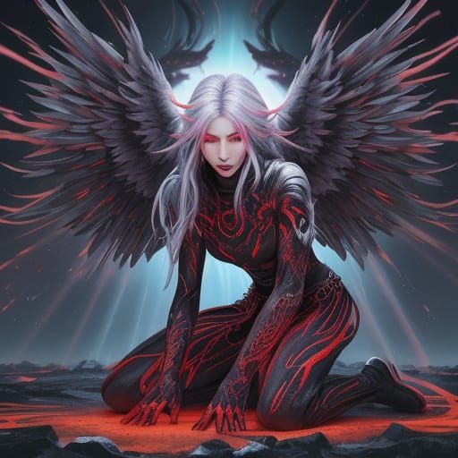 Fallen Angel Kneeling in Desolate Wasteland