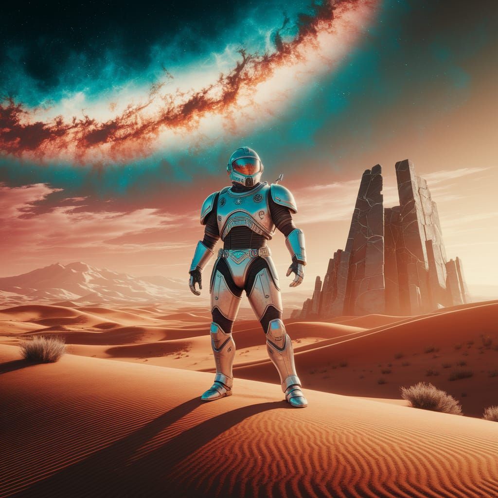 Retro-Futuristic Warrior on Alien Planet Nebula Sky