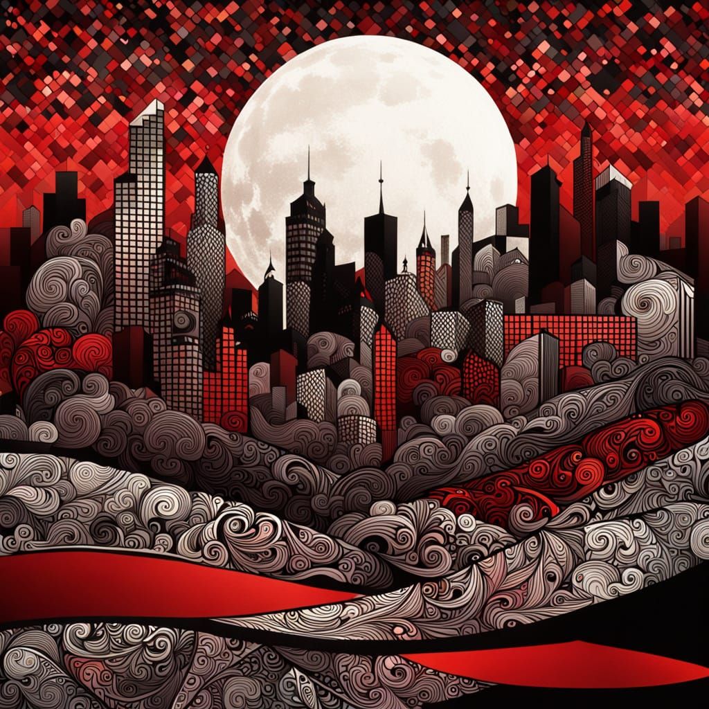 Modern Abstract Cityscape Painting with Red and Black Geomet...