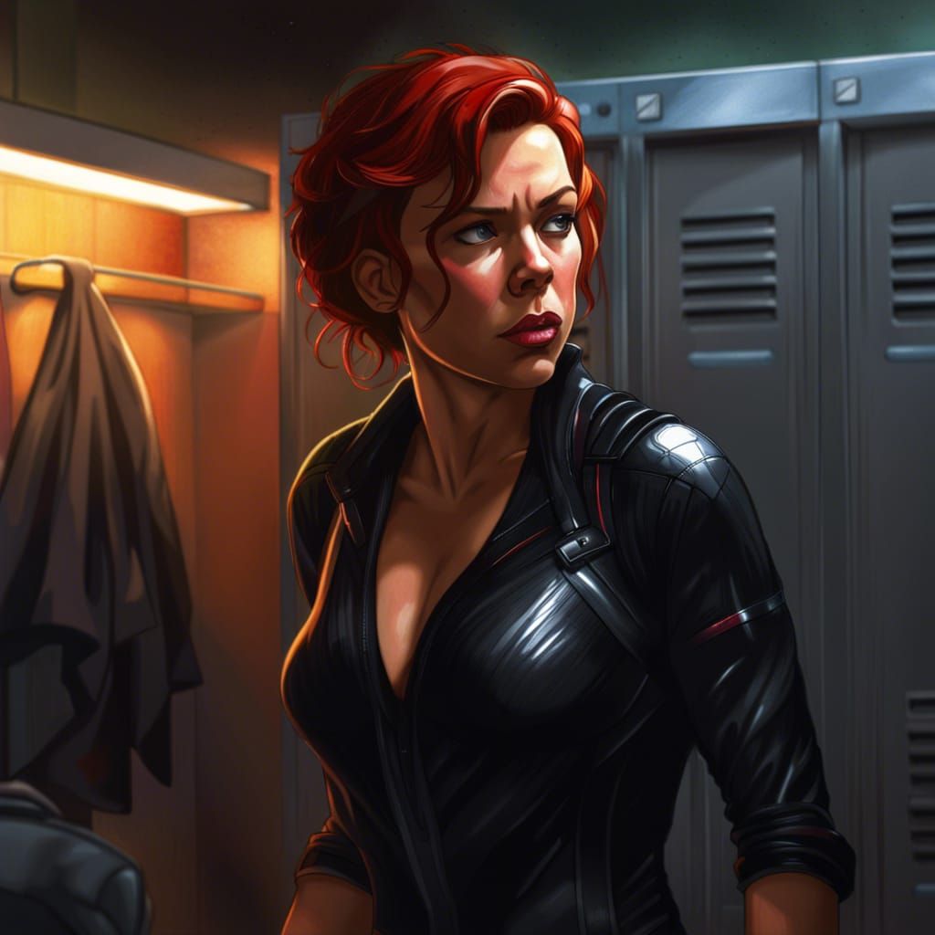 Hyperrealistic Black Widow in Avengers Locker Room