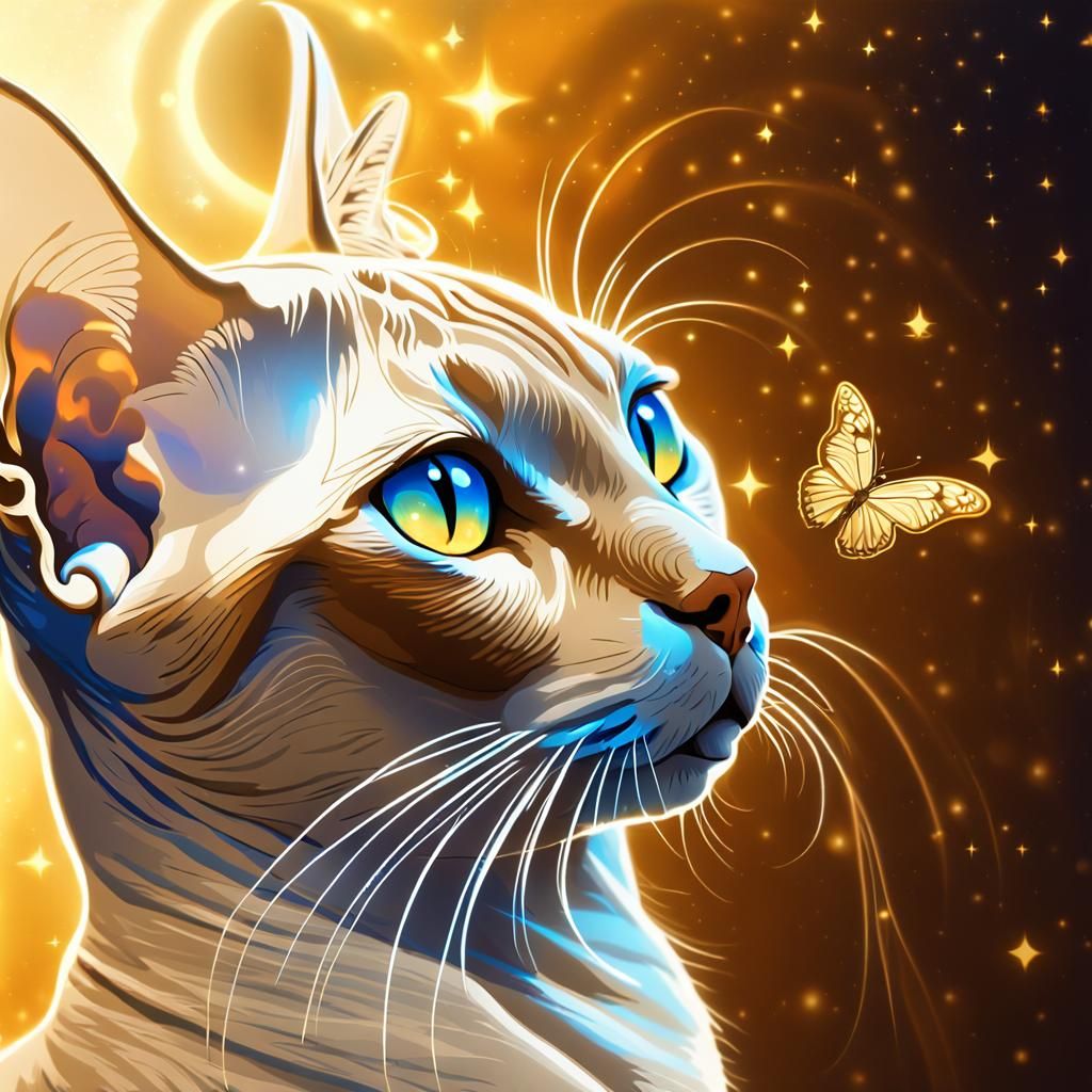 Hairless Cat with Butterfly in Mystical Digital Art