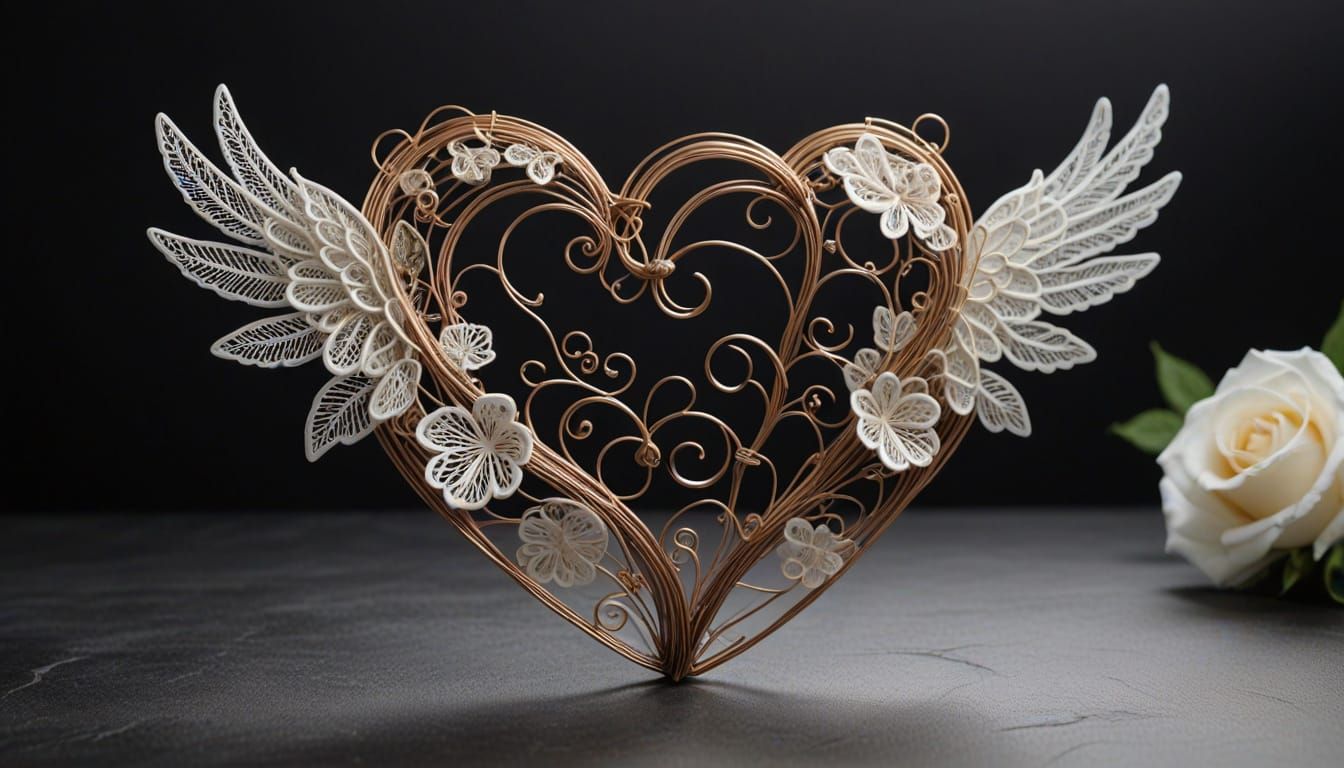 Heart with Metal and Lace Wings