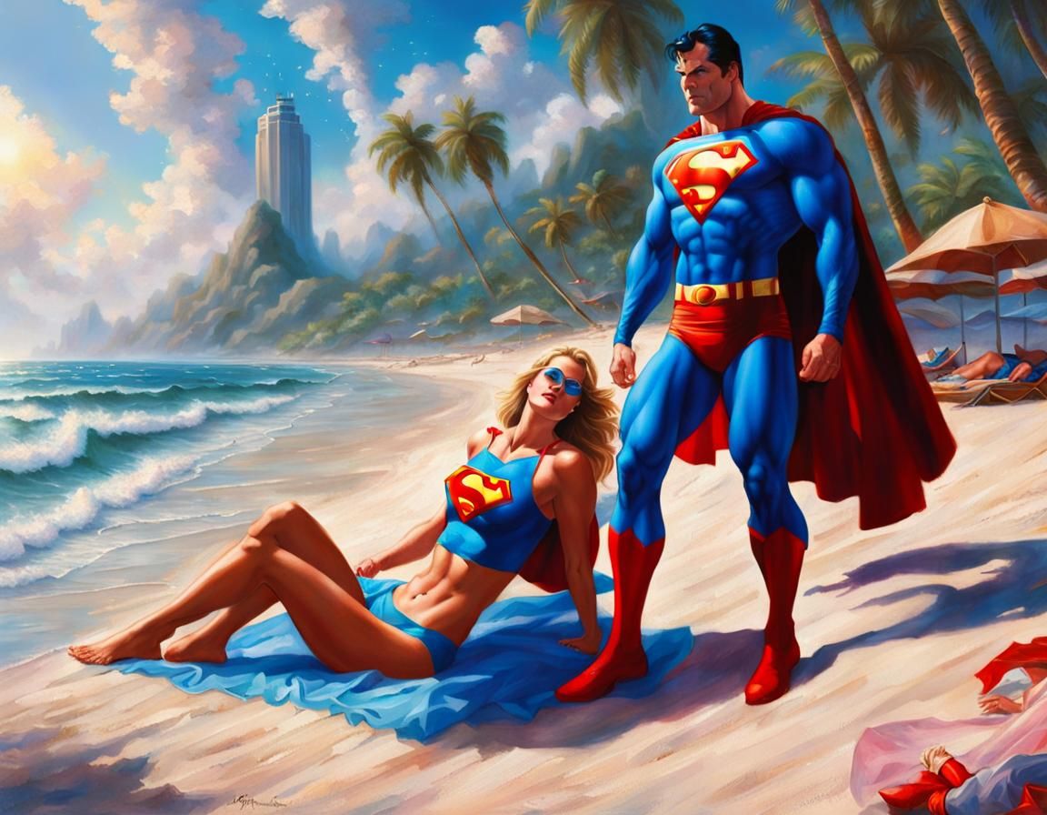 Superman and Super girl suntanning in a tropical beach. Supe...