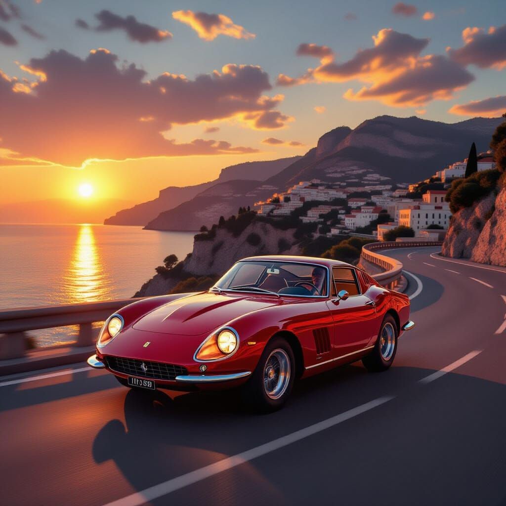 Ferrari 275 GTB Cruises Amalfi Coast at Sunset