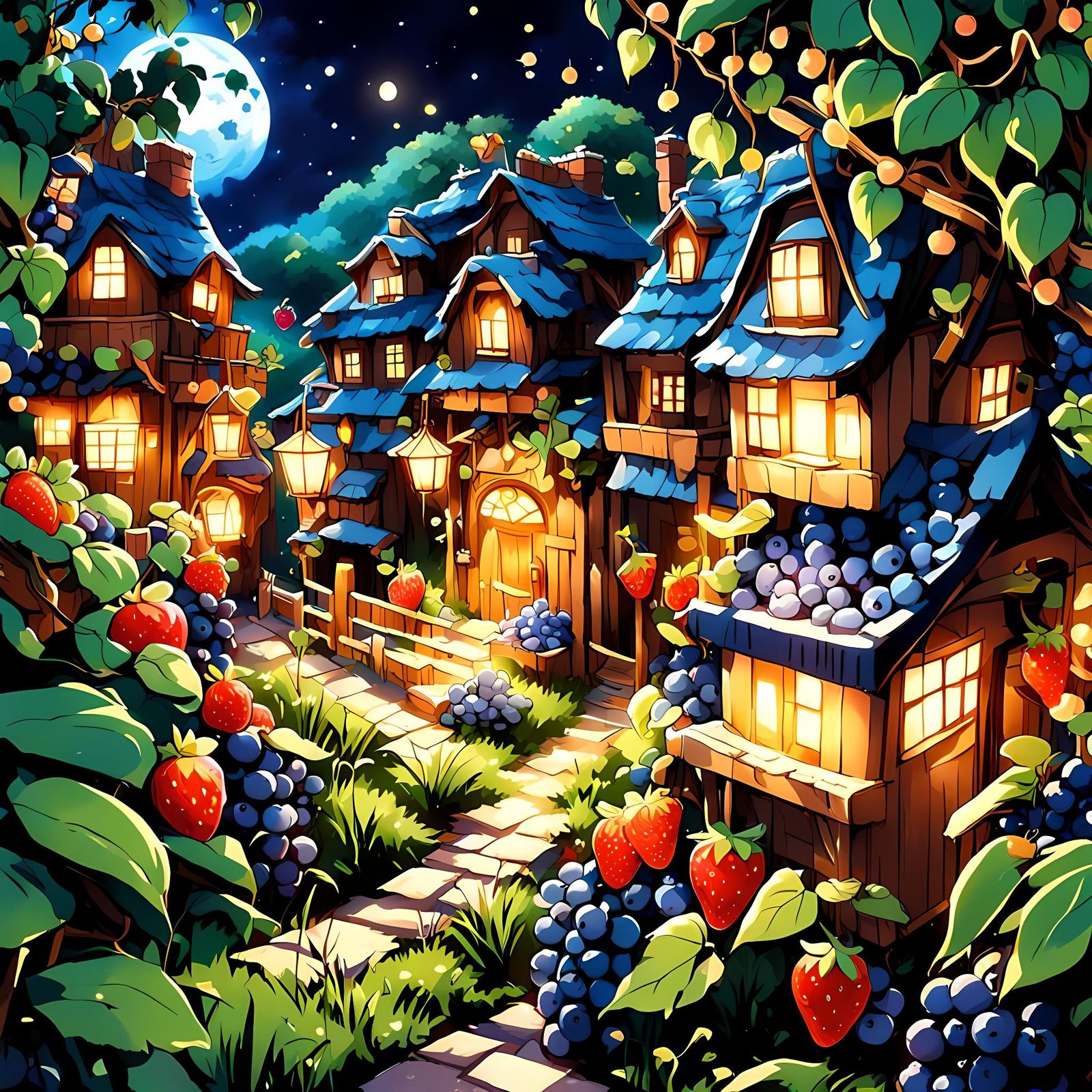 Lush Anime Fairy Village at Night