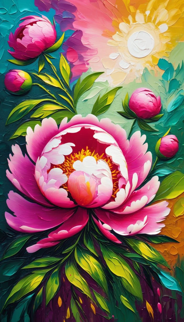 Vibrant Peony Oil Painting With Expressive Brushstrokes