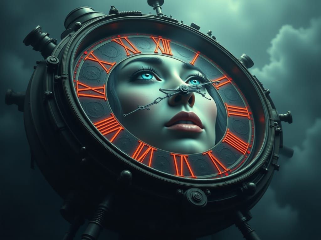Clockpunk Clock with Crying Woman in Stormy Sky