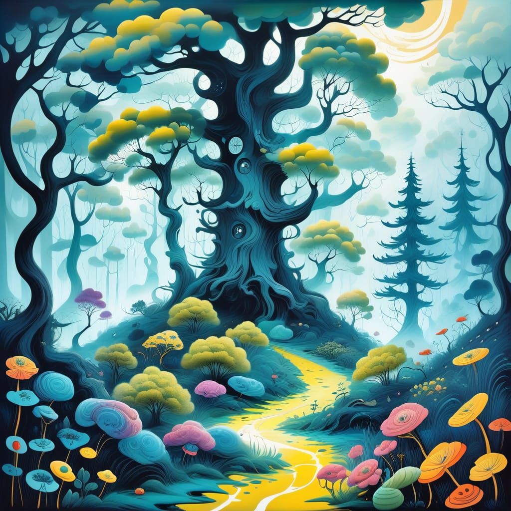 Dreamlike Misty Forest Landscape in Surreal Style
