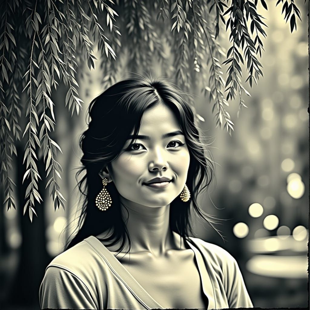 Lady Under Weeping Willow in Diazotype Style