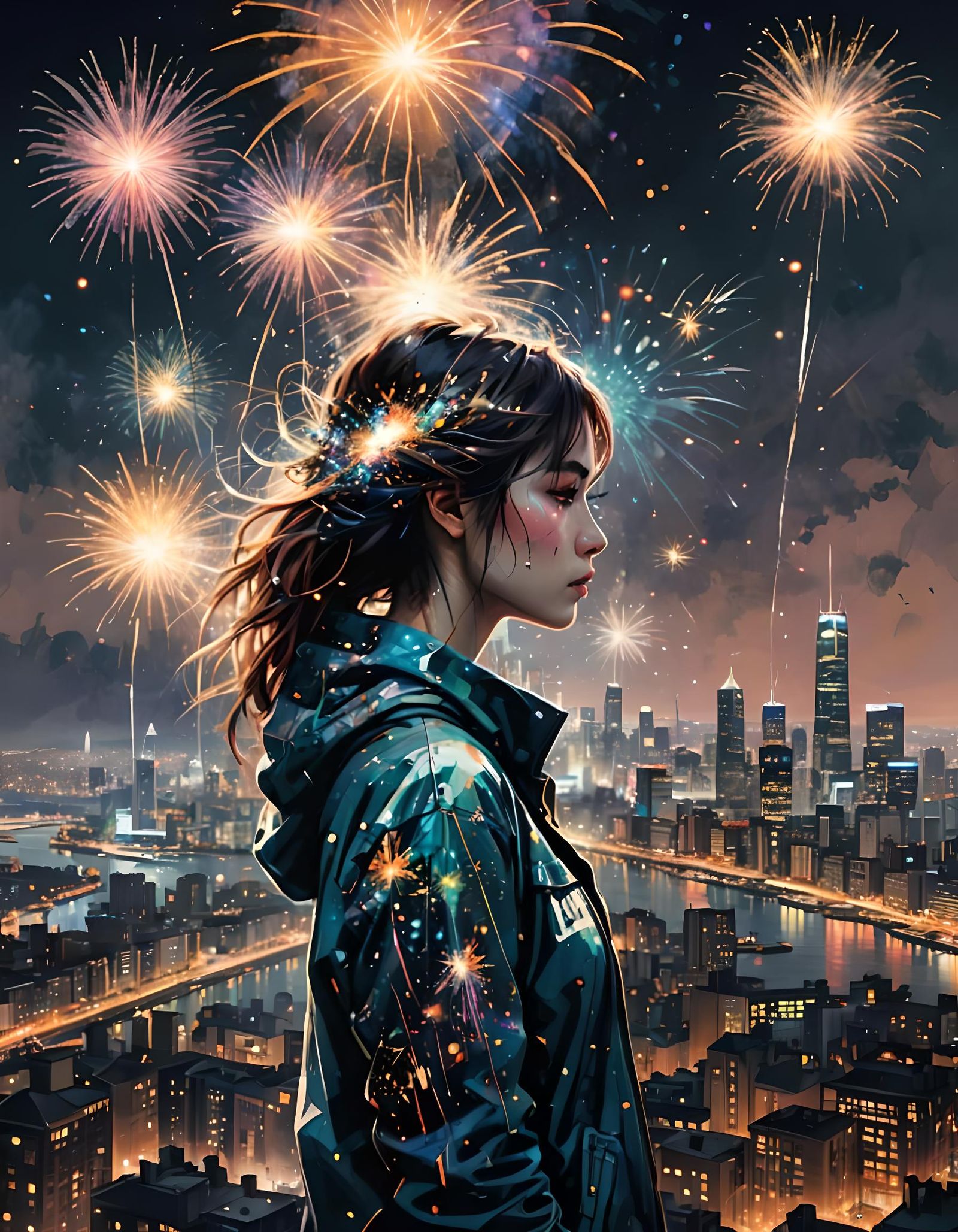 Glittering Fireworks Over City Skyline at Twilight