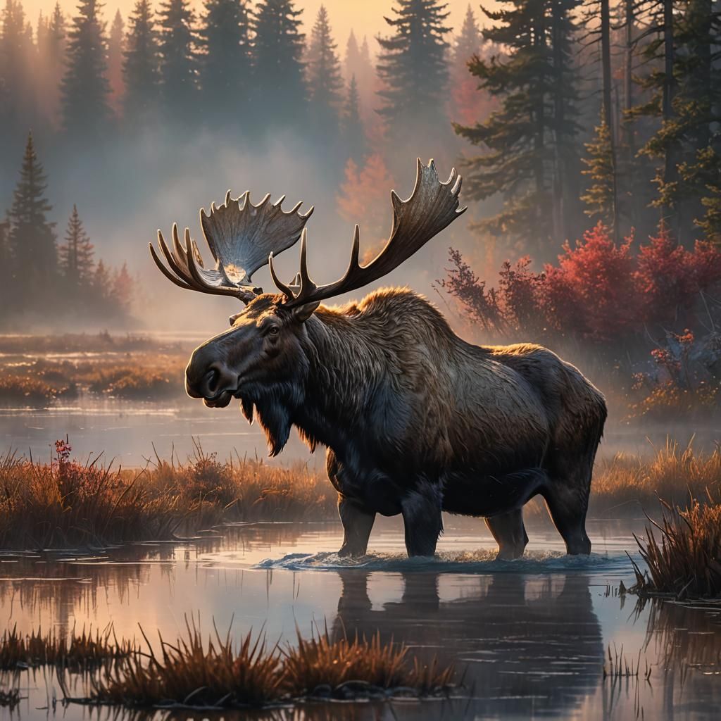 Majestic Moose in Misty Marsh at Dawn