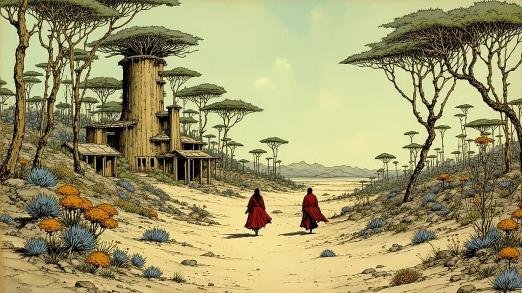 Desert Kibbutz in Style of Arthur Rackham