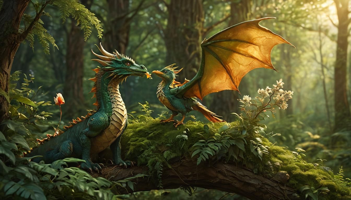 Dragon and Bird: Whimsical Forest Fantasy